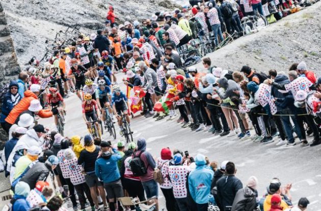 Cyclists climbing in stage 14 of Tour de France