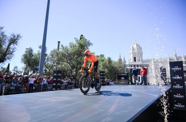 Team Euskaltel rider leaving the start ramp