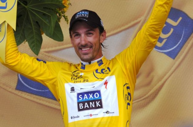 A proud Fabian "Spartacus" Cancellara on the podium in Rotterdam. Photo copyright Fotoreporter Sirotti.