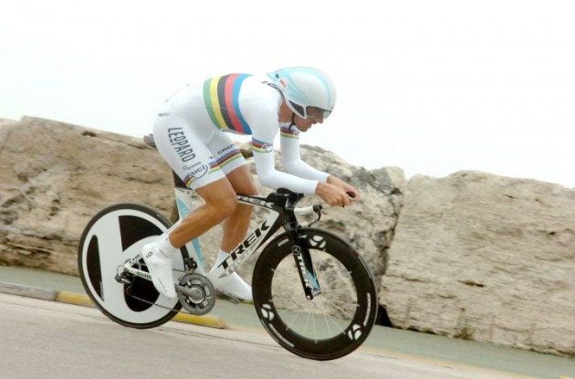 Fabian Cancellara, one of the world's top time-trial riders, won by outpacing Tony Martin of Germany, who was second, 17 seconds back. Bert Grabsch of Germany was third, 1 minute, 48 seconds behind the winner. Photo copyright Fotoreporter Sirotti.