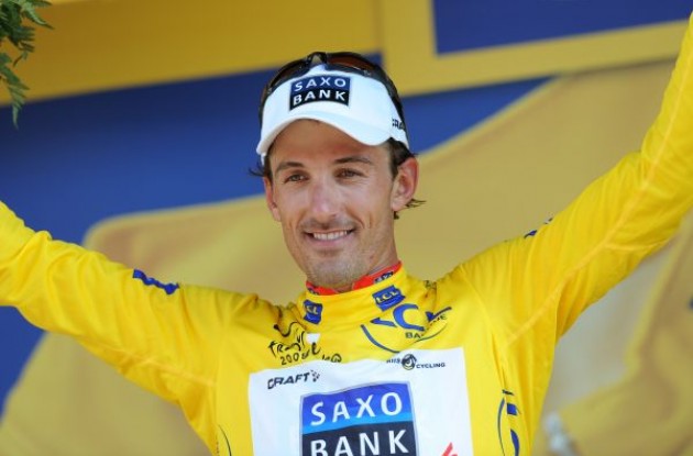 Fabian Cancellara (Team Saxo Bank) is still in yellow. Photo copyright Fotoreporter Sirotti.