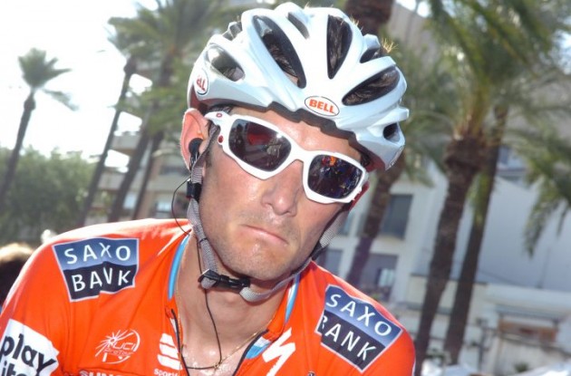 Wuaaa Wuaaa, mamma, mamma! I'm a sad panda! Frank Schleck looking displeased and missing his brother Andy Schleck who got kicked out of the 2010 Vuelta a Espana by Team Boss Bjarne Riis for alcoholic drinking on the rest day. Who said spoiled kids? Photo copyright Fotoreporter Sirotti.