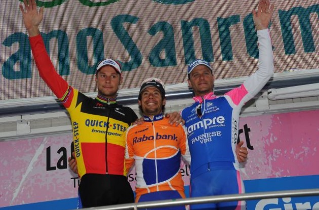 Oscar Freire, Tom Boonen and Alessandro Petacchi on the Milano-San Remo 2010 podium. Photo copyright Fotoreporter Sirotti.