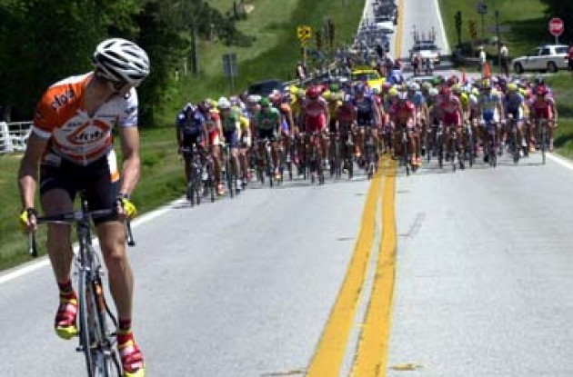An Ofoto/Lombardi Sports rider leads 140 riders taking part in the Dodge Tour de Georgia's first stage. Photo copyright Michael Pugh.