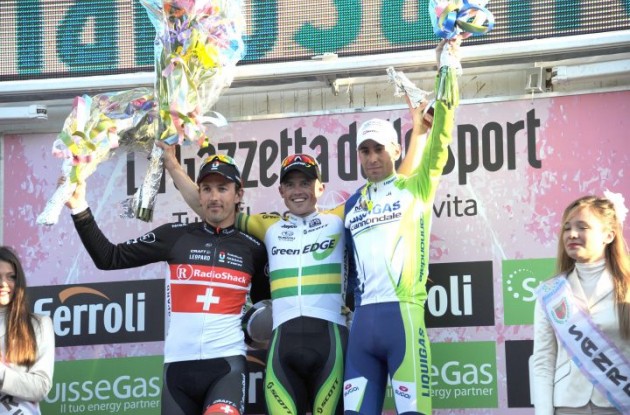 Cancellara, Gerrans and Nibali on the podium in San Remo. Photo Fotoreporter Sirotti.