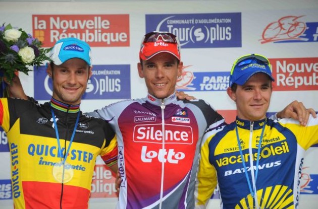 Gilbert, Boonen and Bozic on the podium. Photo copyright Fotoreporter Sirotti.