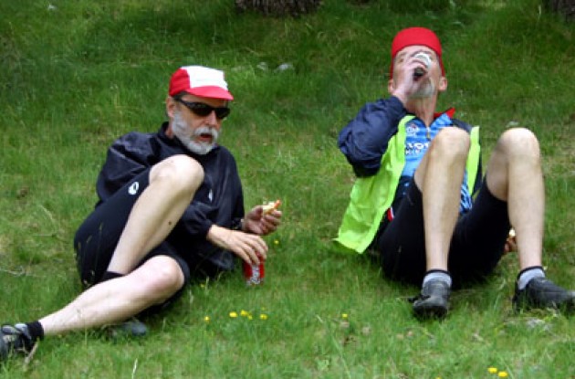 Allen Parsley and author, fifty nine year olds take roadcycling.com cycling hats to top of Col de Jeau in Spain. Photo by Thomson Bike Tours.