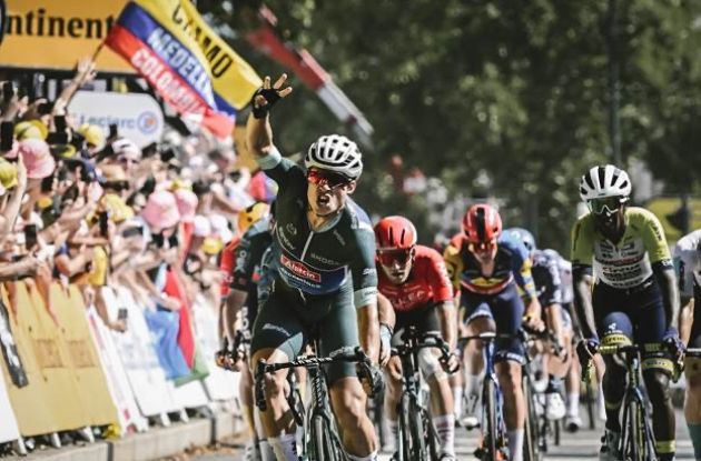 Jasper Philipsen crosses the finish line as winner of stage 7 of Tour de France 2023