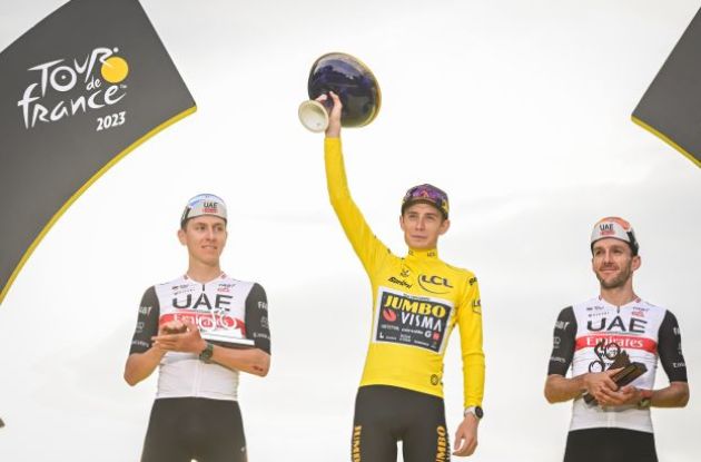 Jonas Vingegaard Tadej Pogacar and Adam Yates on the Tour de France podium in Paris