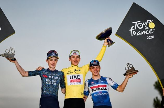 Jonas Vingegaard Tadej Pogacar and Remco Evenepoel on final Tour de France podium