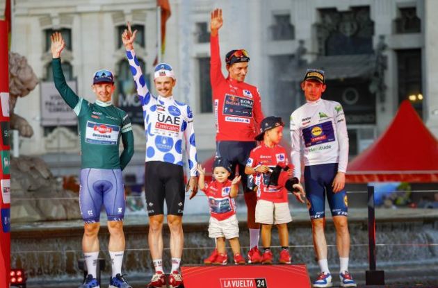 Kaden Groves Jay Vine Primoz Roglic Mattias Skjelmose on Vuelta a Espana podium