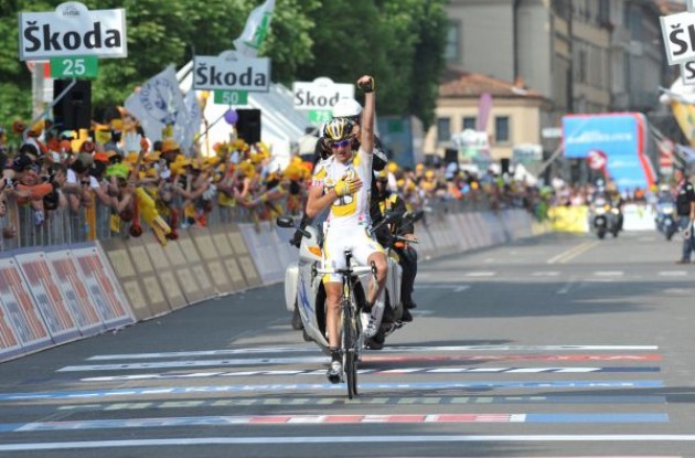 Konstantin Siutsou (Team Columbia-Highroad) takes the stage win after escaping from the peloton in beautiful fashion. Photo copyright Fotoreporter Sirotti.