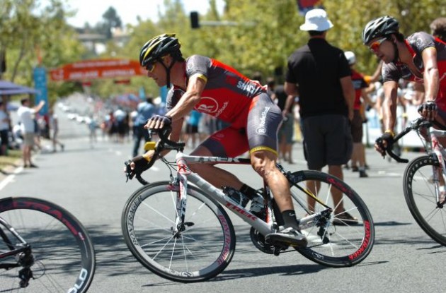 Lance Armstrong (Team RadioShack) tackles a corner in downtown Adelaide, Australia. Photo copyright Fotoreporter Sirotti.