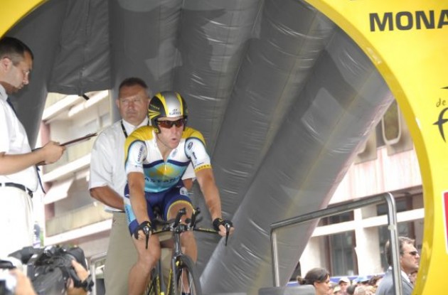 Lance Armstrong (Team Astana) on the start ramp in Monaco. Photo copyright Fotoreporter Sirotti.