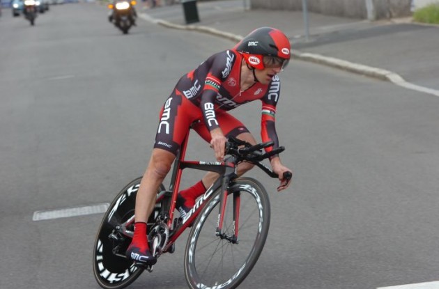 Team BMC Racing's Marco Pinotti on his way to victory on his BMC timemachine TM01 time trial bike in the final time trial of the 2012 Giro d'Italia. Photo Fotoreporter Sirotti.