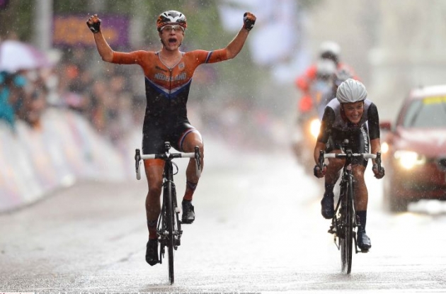Marianne Vos of the Netherlands wins the women's road race of the 2012 London Olympics ahead of Great Britain's Elizabeth Armitstead. Photo copyright Tim de Waele.