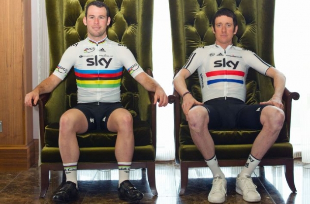Team Sky's Bradley Wiggins (right) and Mark Cavendish. Photo copyright Jeff Moore Photography.