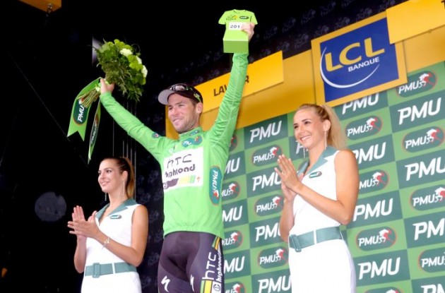 Mark Cavendish won the green points jersey competition in his final Tour de France participation for Team HTC-HighRoad. Photo Fotoreporter Sirotti.