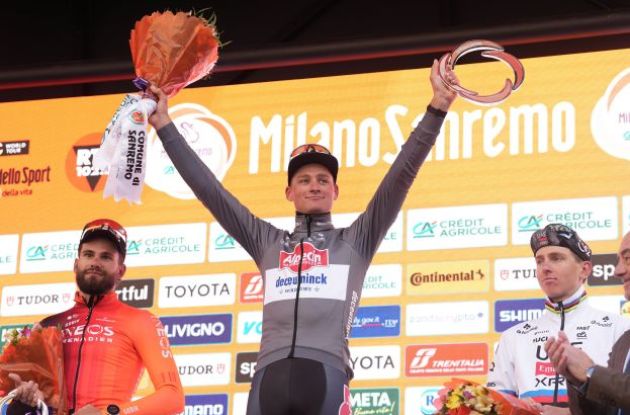 Mathieu van der Poel Filippo Ganna Tadej Pogacar on Milan-Sanremo podium