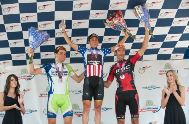 Matthew Busche, George Hincapie and Ted King are celebrated on the podium. Photo copyright Casey B. Gibson.