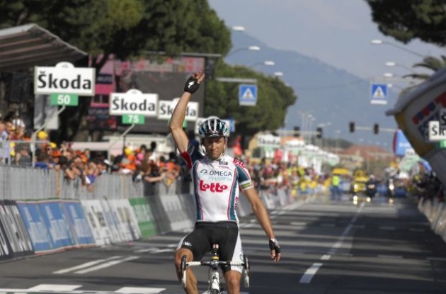Matthew Lloyd wins for Team Omega Pharma-Lotto. Photo copyright Fotoreporter Sirotti.