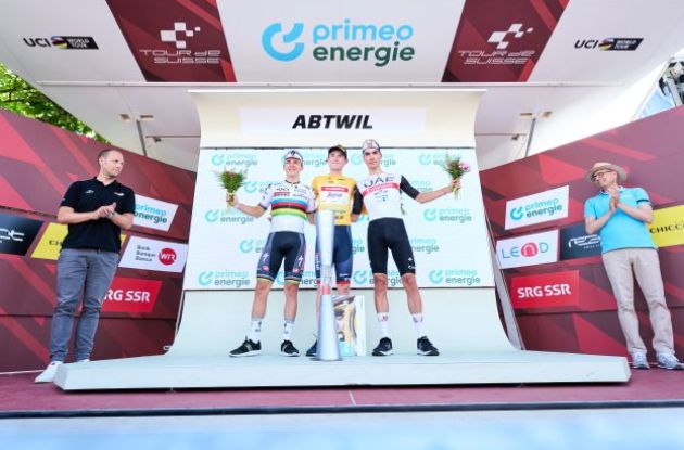 Mattias Skjelmose Juan Ayuso and Remco Evenepoel on the final Tour de Suisse podium