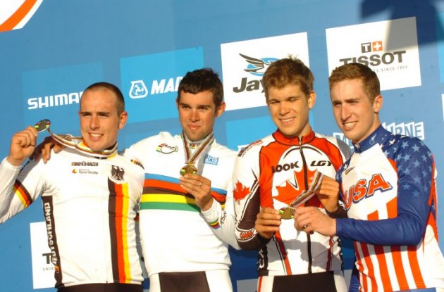 Michael Matthews, Germany's John Degenkolb, USA's Taylor Phinney and Canada's Guillaume Boivin on the podium. Photo Fotoreporter Sirotti.