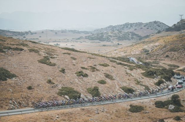 Mountain terrain with cyclists near Jerez in Spain