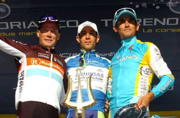 Vincenzo Nibali, Christopher Horner and Roman Kreuziger on the podium. Photo Fotoreporter Sirotti.