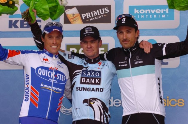 Nick Nuyens, Sylvain Chavanel and Fabian Cancellara on the podium. Photo Fotoreporter Sirotti.