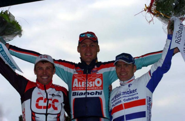 Backstedt (middle), Hoffman (left) and Hammond on the podium in Roubaix. Photo copyright Fotoreporter Sirotti.