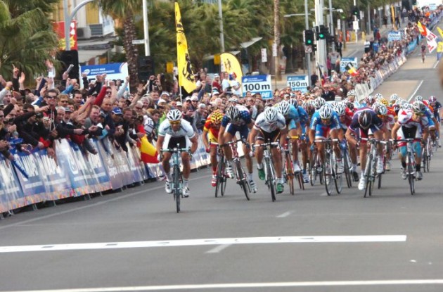 Michael Matthews sprints to win in U23 Men's Road Race at 2010 UCI Road Cycling World Championships ahead of Germany's John Degenkolb (white jersey, middle) and USA's Taylor Phinney (to the left of Degenkolb) who shares bronze with Canada's Guillaume Boivin (very right). Photo Fotoreporter Sirotti.