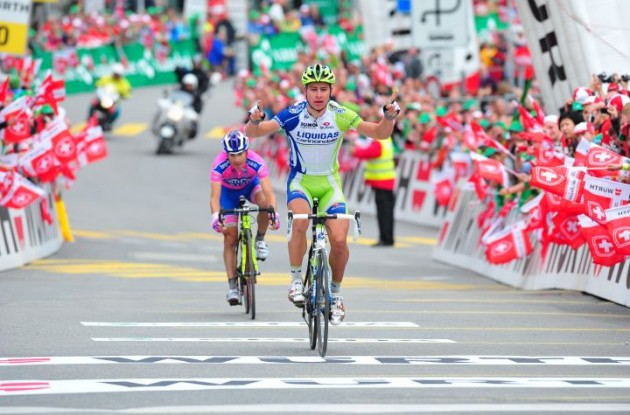 Peter Sagan sprints to win for Team Liquigas-Cannondale. Photo copyright Fotoreporter Sirotti.
