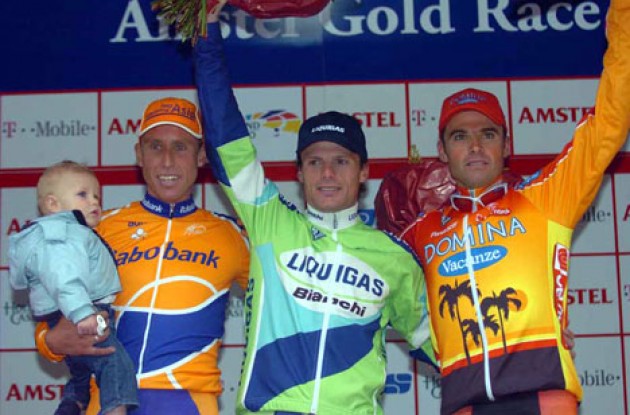 Boogerd Jr., Boogerd, Di Luca, and Celestino on the podium. Photo copyright Fotoreporter Sirotti.
