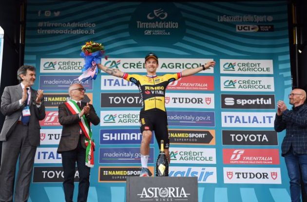Stage winner Primoz Roglic is celebrated on the Tirreno-Adriatico podium
