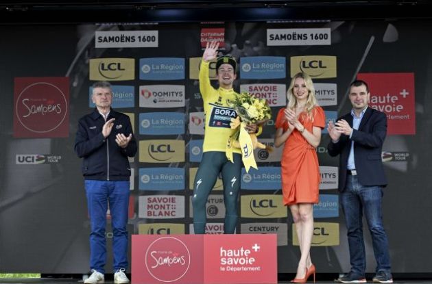 Primoz Roglic in the yellow jersey on the podium
