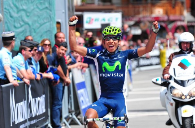 Team Movistar's Nairo Alexander Quintana rides to stage 6 victory in 2012 Criterium du Dauphine 
Libere. Photo Fotoreporter Sirotti.