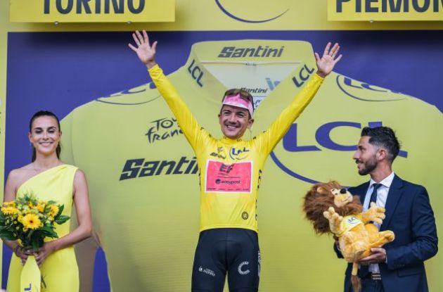 Tour de France leader Richard Carapaz on the podium