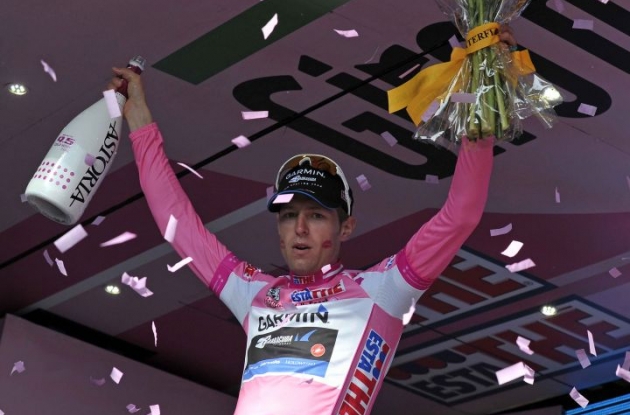 2012 Giro d'Italia leader Canadian Ryder Hesjedal of Team Garmin-Barracuda on the podium in Italy.