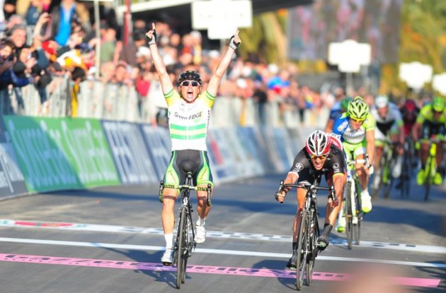 Simon Gerrans of Team GreenEdge sprints to victory in 2012 Milano-San Remo ahead of Fabian Cancellara of Team RadioShack-Nissan and Team Liquigas-Cannondale's Vincenzo Nibali. Photo Fotoreporter Sirotti.