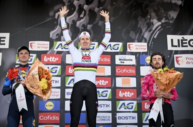 Tadej Pogacar Giulio Ciccone and Ben Healy on Liege-Bastogne-Liege podium