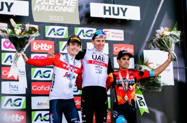 Tadej Pogacar, Matthias Skjelmose and Mikel Landa on the podium in La Flèche Wallonne 2023