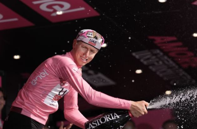 Tadej Pogacar wearing pink jersey at Giro d'Italia