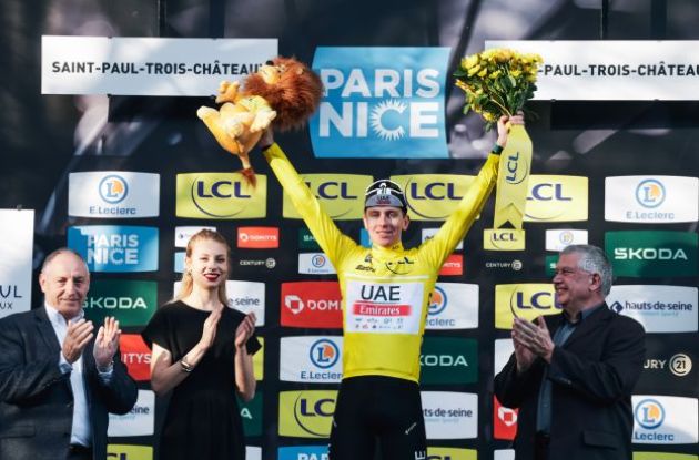 Tadej Pogacar in the yellow jersey on the Paris-Nice podium