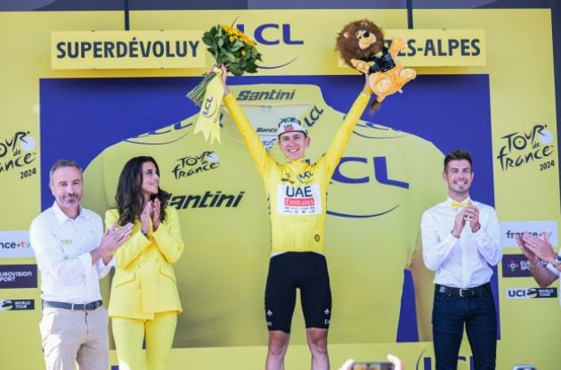 Tadej Pogacar on the Tour de France podium wearing yellow