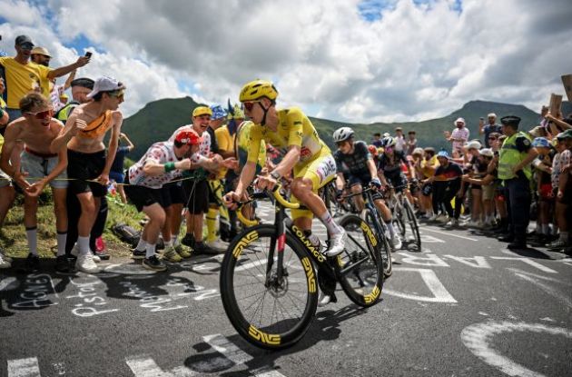 Tadej Pogacar leads Jonas Vingegaard on his yellow Colnago bike in stage 11 of Tour de France 2024
