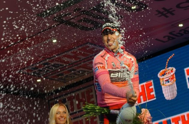 Taylor Phinney (BMC Racing Team) celebrates his Giro d'Italia lead on the podium in Herning, Denmark. Photo Fotoreporter Sirotti.