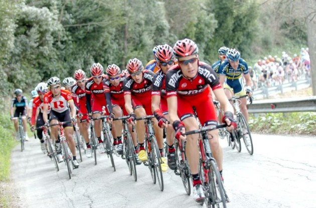 BMC Racing Team leads the peloton. Photo Fotoreporter Sirotti.