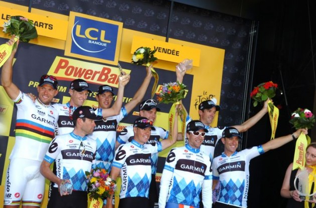 Team Garmin-Cervelo celebrate their victory on the podium. Photo Fotoreporter Sirotti.