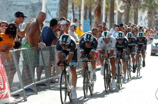 Team Leopard-Trek on their way to victory in the stage 1 team time trial of the Vuelta a Espana 2011. Photo Fotoreporter Sirotti.